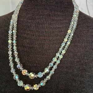 Vintage Look Elegant Two Strand Aurora Borealis Beaded Necklace